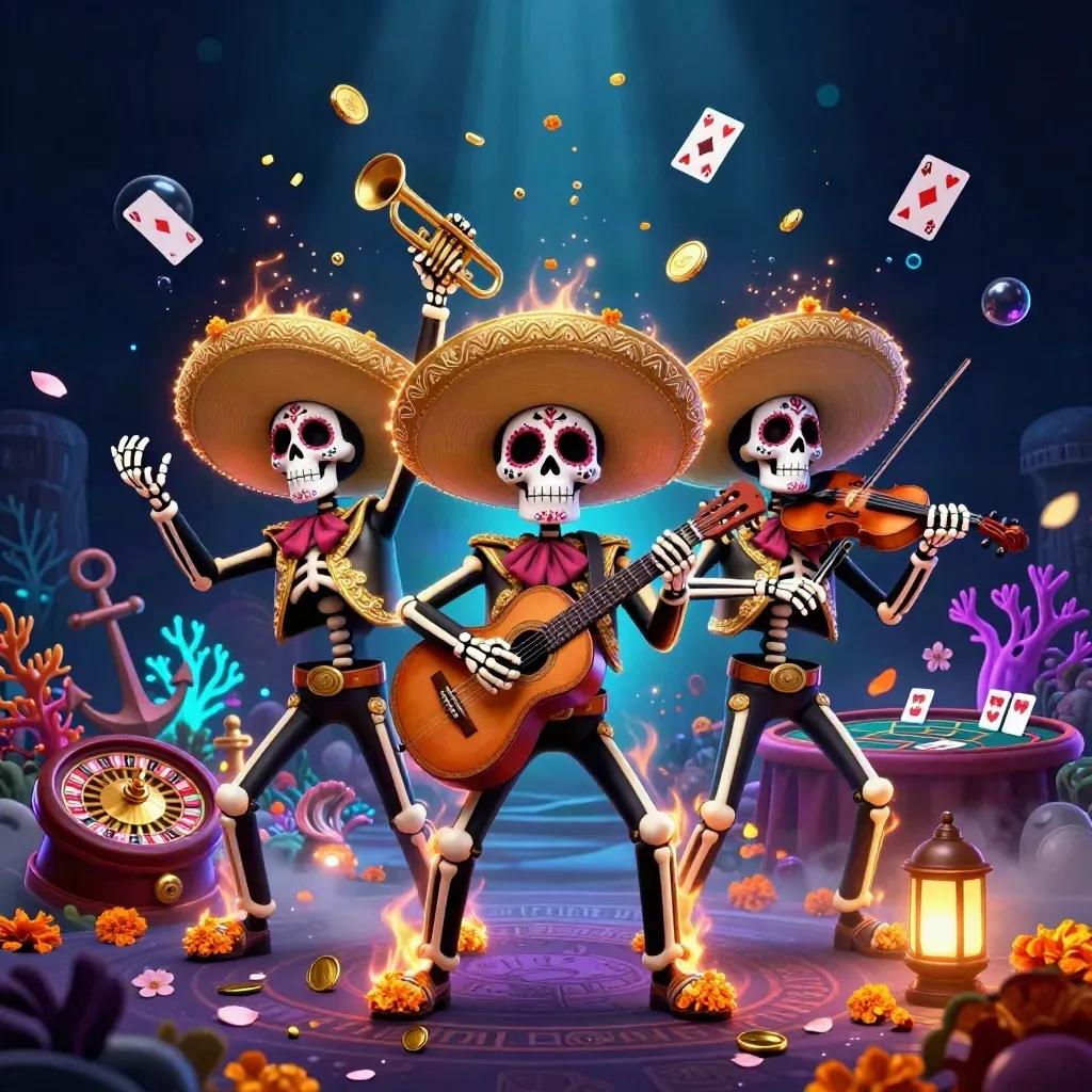 Day-of-the-Dead skeleton mariachi trio amid neon treasure cove, coins, coral, and casino symbols