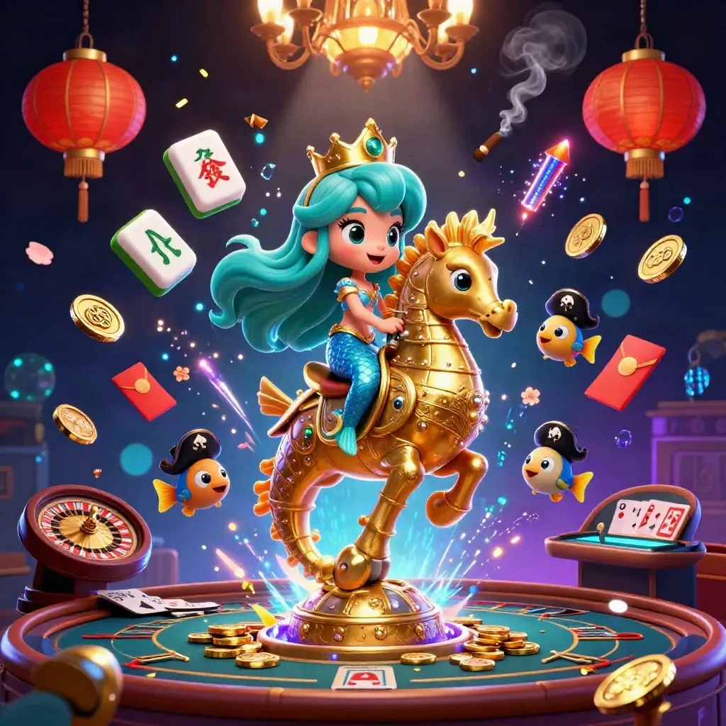 Mermaid princess on golden seahorse amid neon casino space effects and floating lucky game items