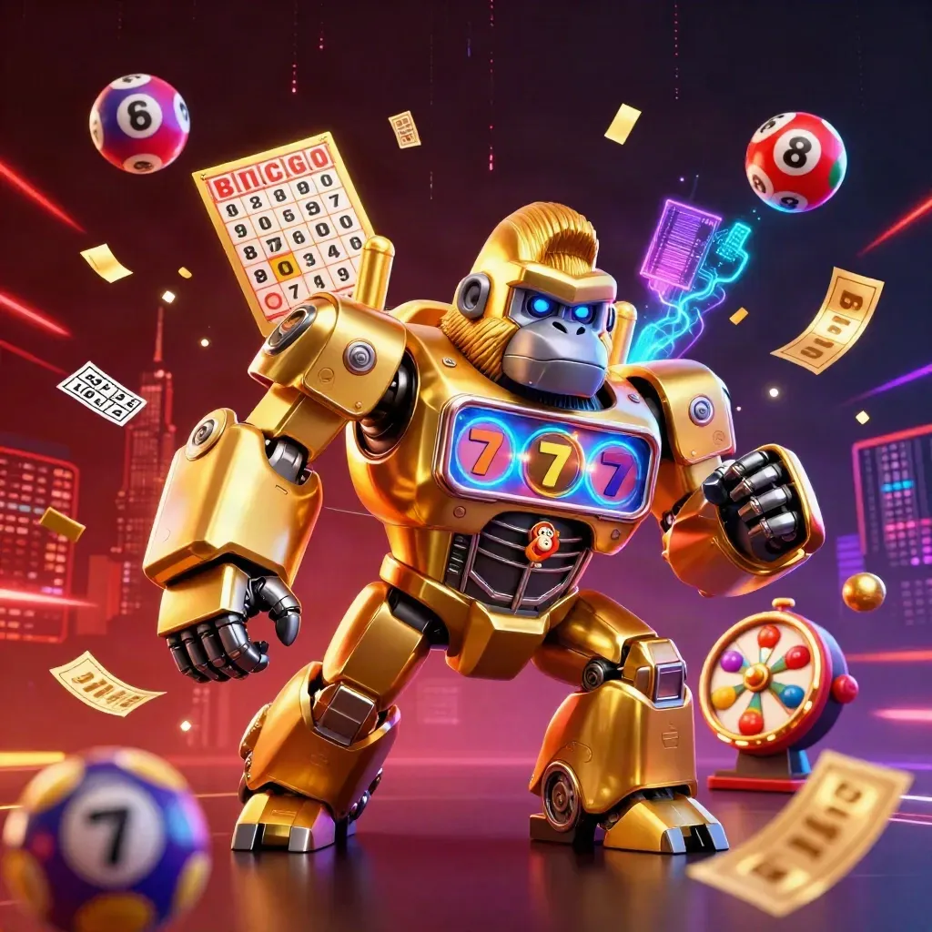 Golden gorilla mech with tiny monkey pilot blasts lottery balls, tickets and neon energy in cosmic casino scene.