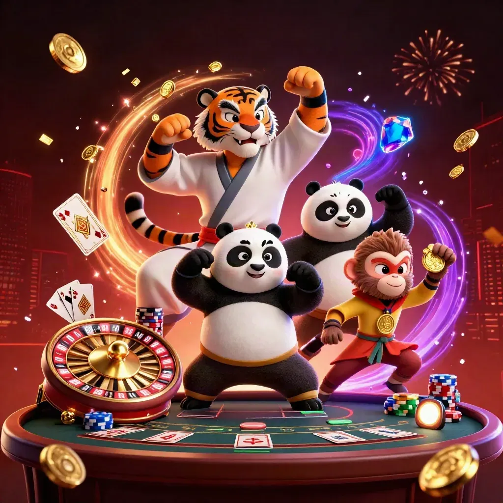 Kung-fu tiger, panda, and monkey amid coins, chips, cards, roulette wheel, fireworks, and cosmic casino glow