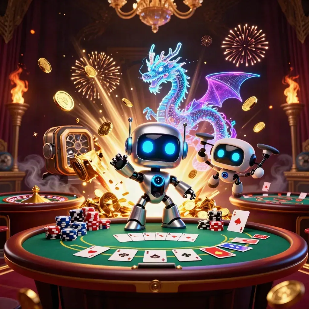Robot, holographic dragon and coin drone amid bursting treasure, casino props, and neon lights.