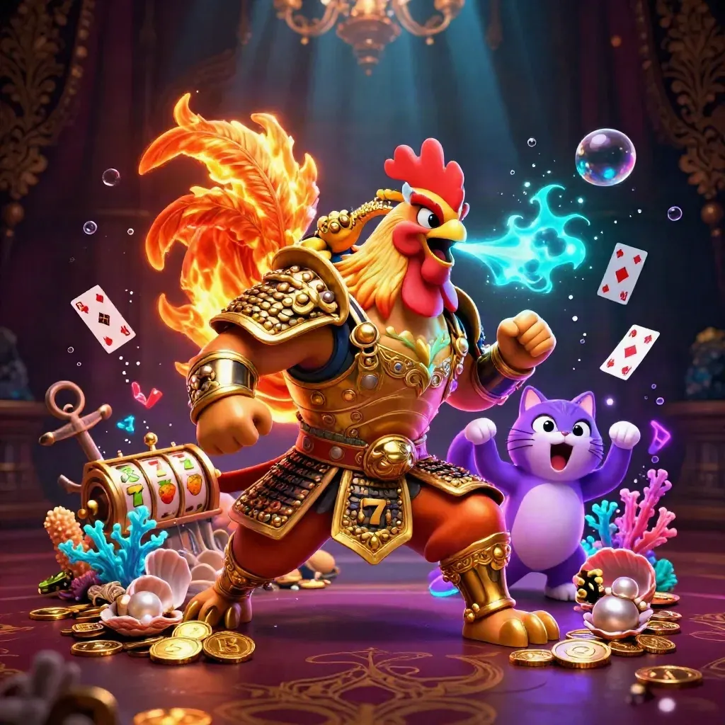 Rooster samurai, spark-breathing dragon hatchling and fortune-cat amid neon casino treasure