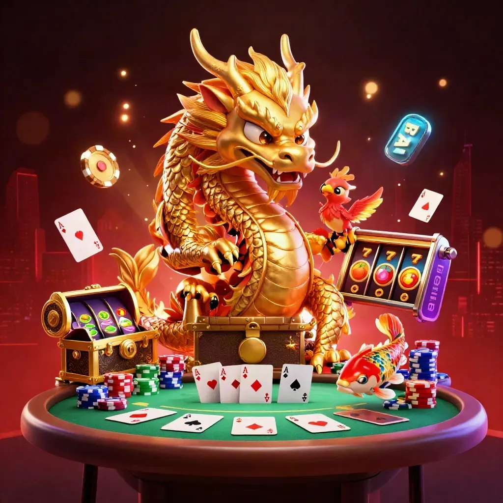 Golden dragon with phoenix, koi, chips, aces and neon casino symbols in cosmic red-and-gold key art.