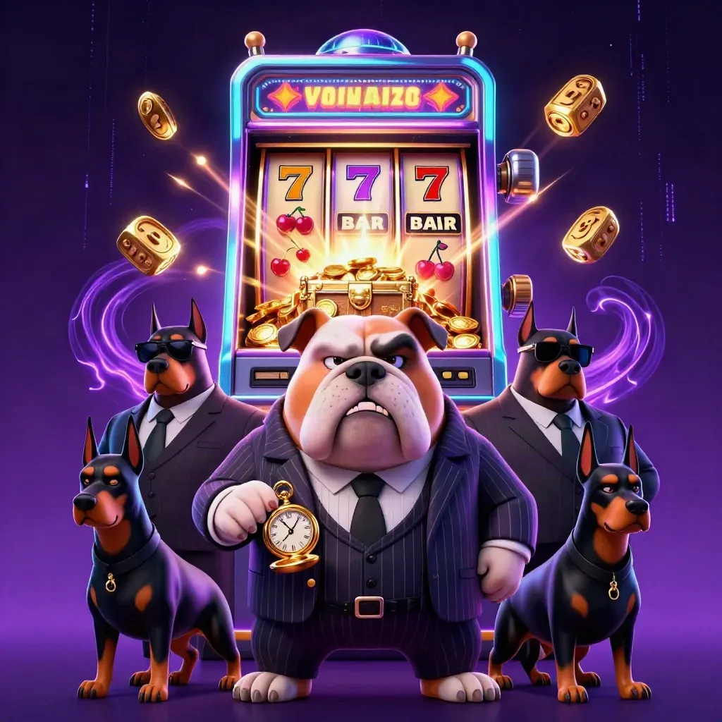 Bulldog mafia boss and two Dobermans burst from a slot machine amid gold, 7s and neon lightning.